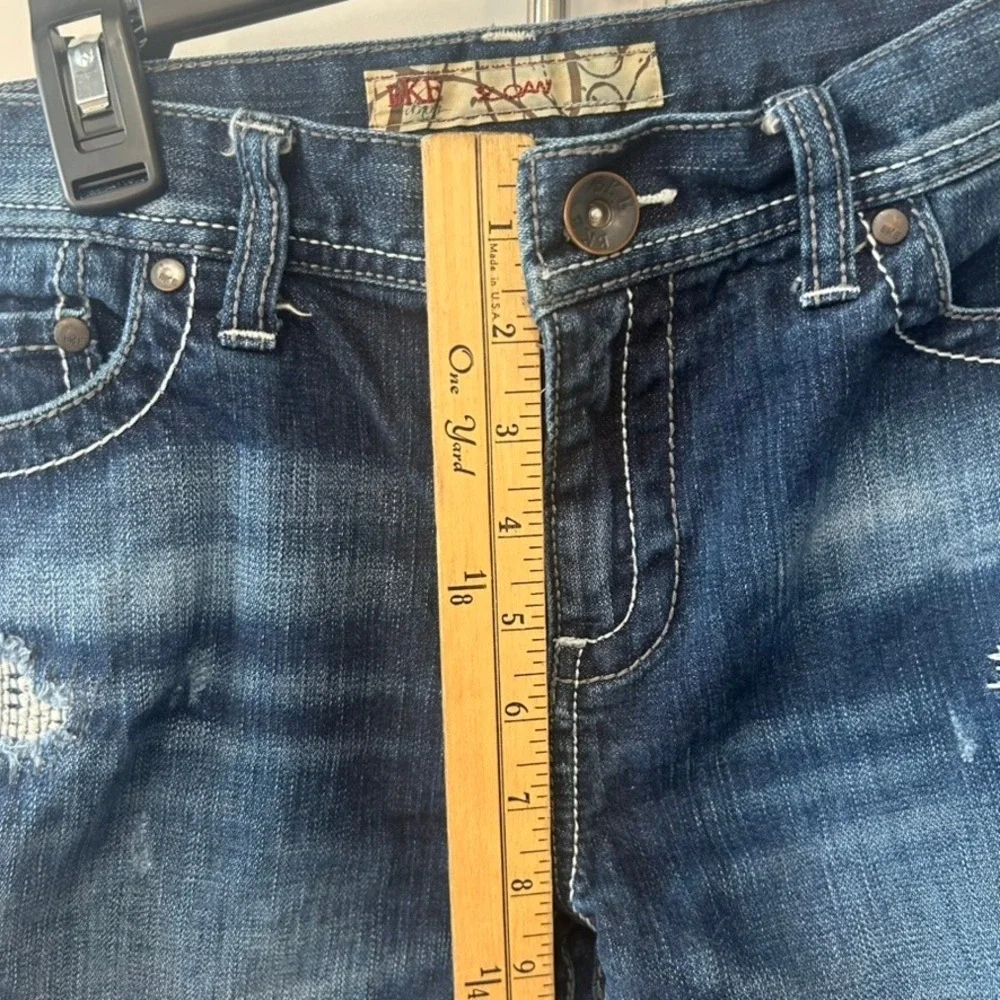 BKE Roan Distressed Denim Shorts Dark Wash Cuffed Patchwork Womens Size 29